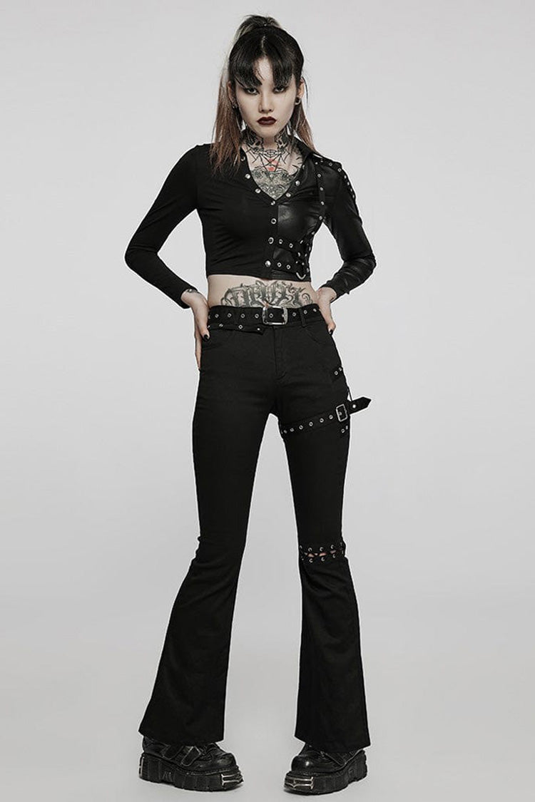 Black Gothic Super Cool Slim Fit Strap Sexy Cropped Pullover Long Sleeve Women's Polo Tee - Product - 4
