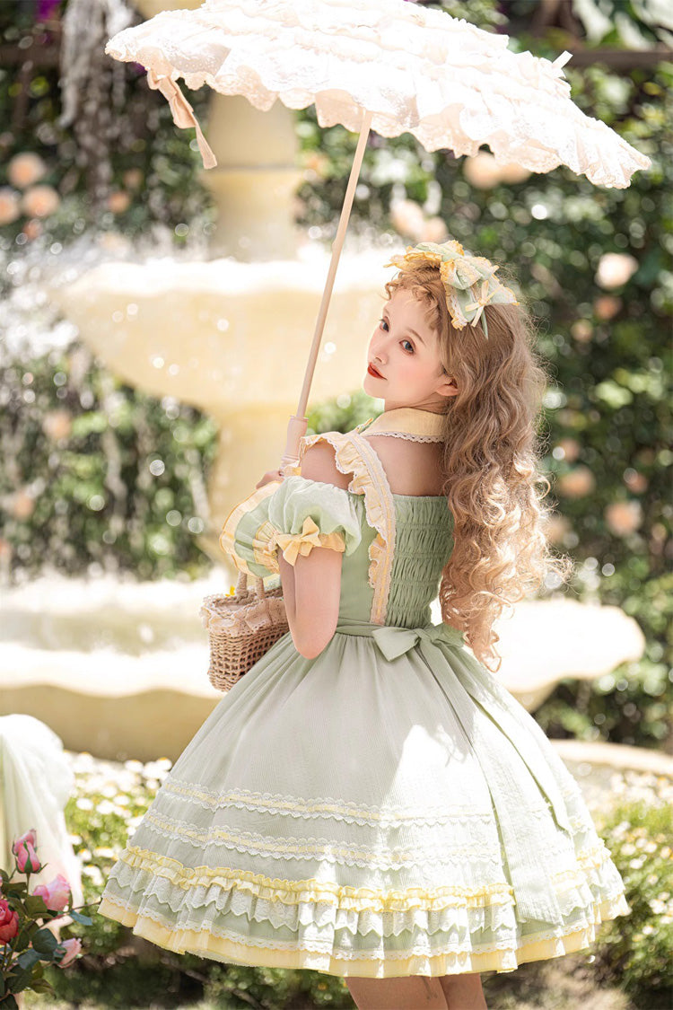 Green Short Sleeves Tulip Print Ruffle Bowknot Sweet Lolita Dress - Product - 5