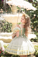 Green Short Sleeves Tulip Print Ruffle Bowknot Sweet Lolita Dress - Product - 5