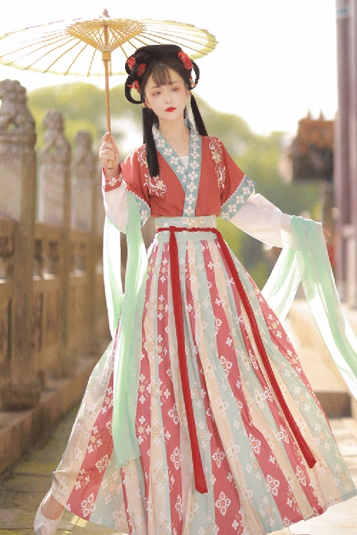 Ancient Tang Dynasty Embroidery Printing Sweet Hanfu Dress - Red - 13
