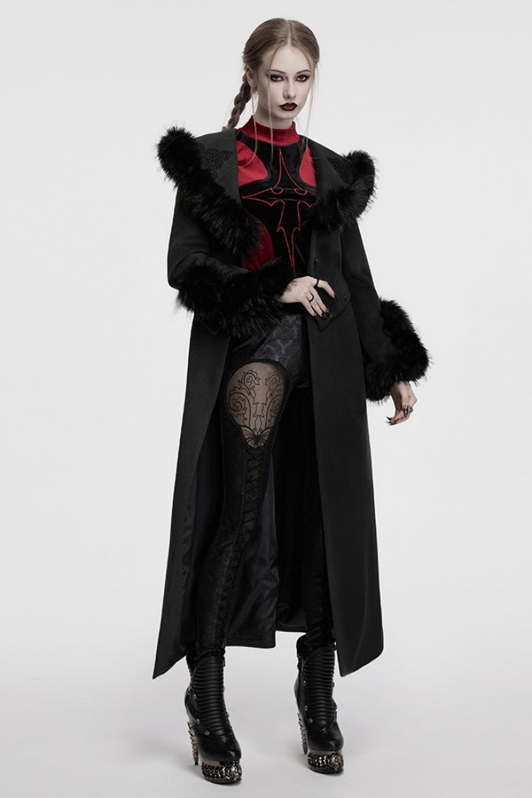 Black Long Sleeves Faux Fur Stitching Lace-Up Detachable Women's Gothic Coat - Product - 3