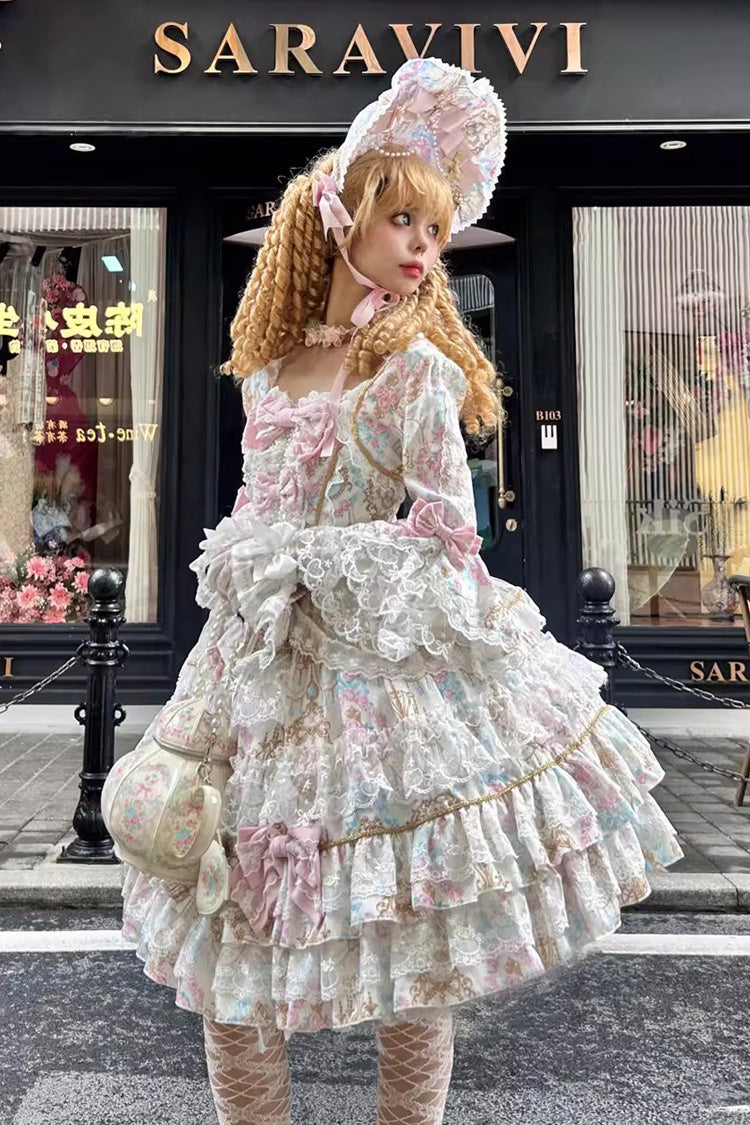 Apricot [Candlelight Elegance] Long Trumpet Sleeves Multi-Layered Ruffle Bowknot Lace Sweet Elegant Lolita Dress - Product - 5