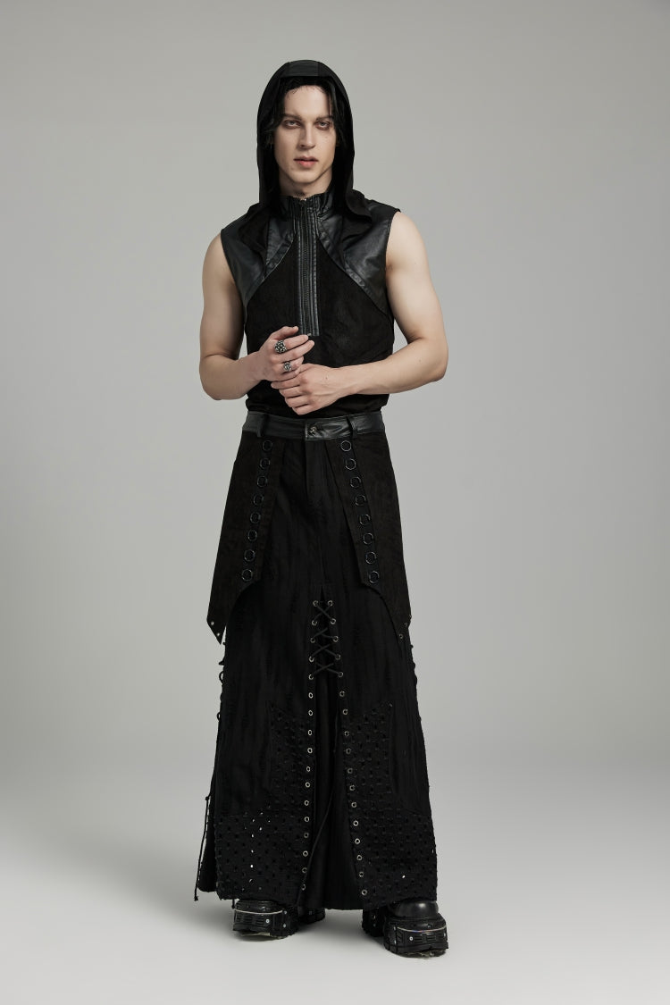 Black Lace-Up Ripped Eyelet Men's Punk Skirt - Product - 8