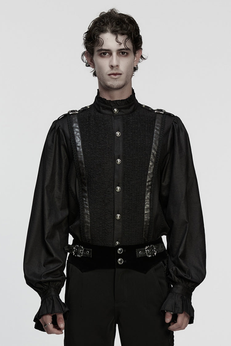 Black Stand Collar Long Puff Sleeves PU Stitching Pleated Men's Gothic Blouse - Black - 1