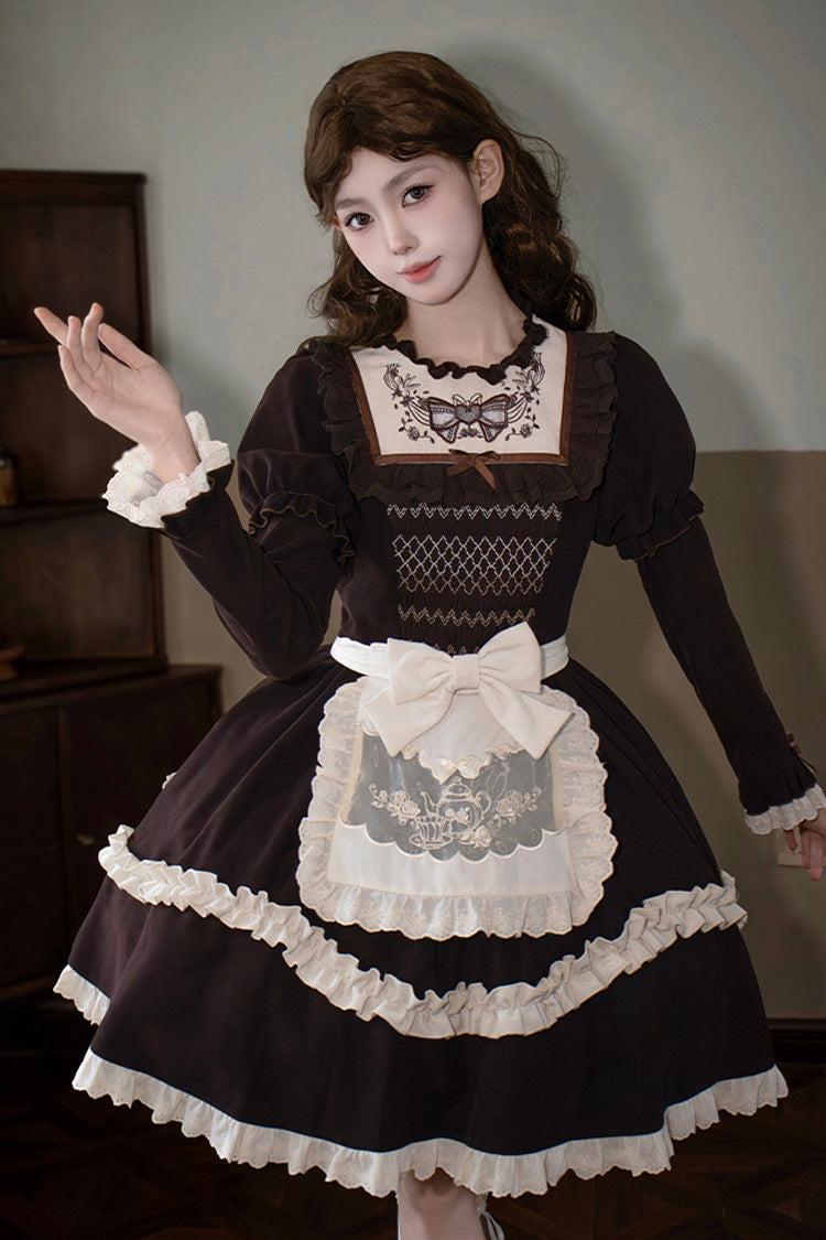 Brown [Miss Brown] Long Sleeves Double-Layered Ruffle Bouquet Embroidery Bowknot Sweet Lolita Dress (Short Version) - Brown - 1