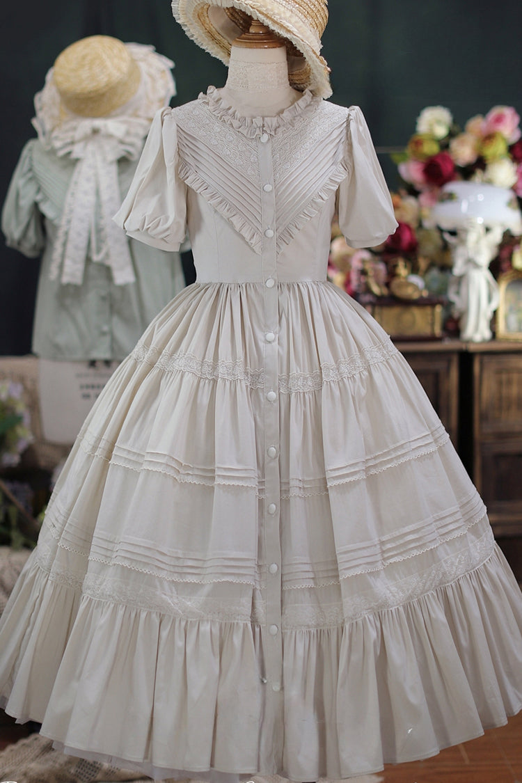 Elegant Cardigan Round Neck Short Sleeves Ruffle One Piece Sweet Lolita Dress 8 Colors - Apricot - 3