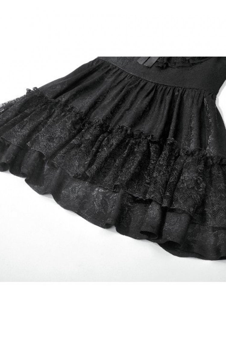 Black Flutter Sleeves Jacquard Bowknot Lace Ruffled Lace-Up Women's Gothic Cake Mini Dress - Product - 18