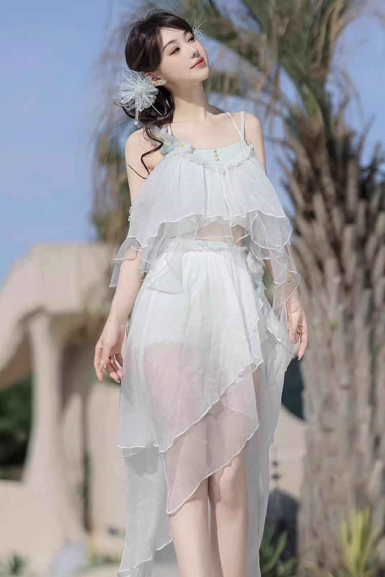 White Sleeveless Summer Beach Women's Lace Sweet Lolita Three-Piece Swimsuit Set - Product - 7