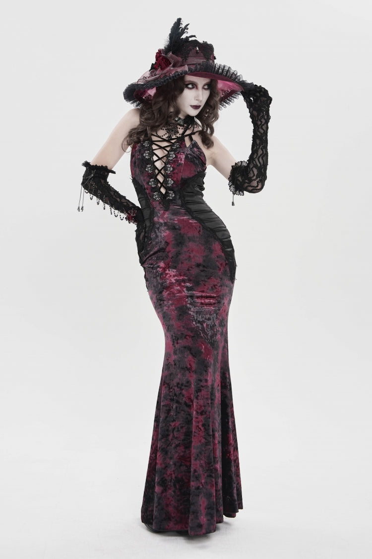 Black/Red Off Shoulder Halterneck Printed Hanayome Lace Lace-Up Slim Pleated Women's Gothic Jsk Dress - Product - 5