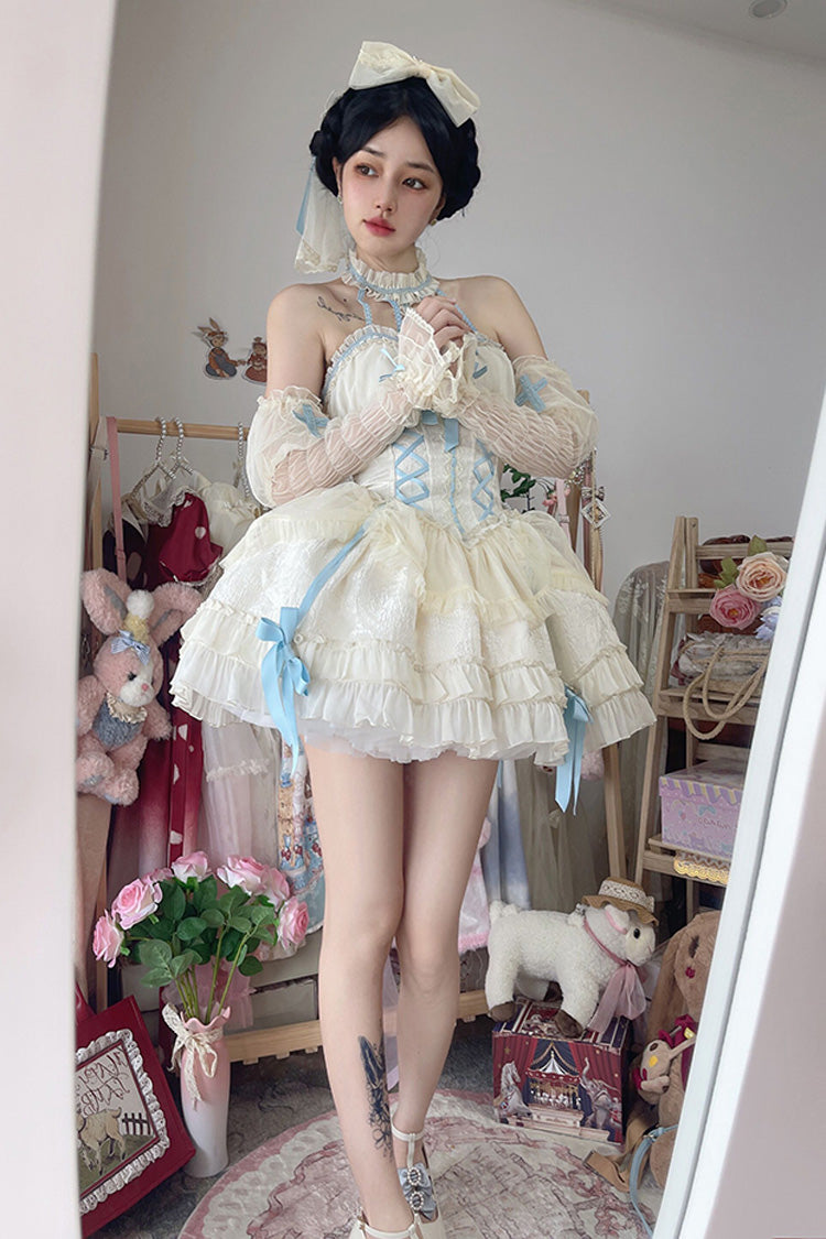 Blue/Ivory Tube Top Sleeveless Ruffle Bowknot Gothic Lolita Jsk Tiered Dress - Product - 8