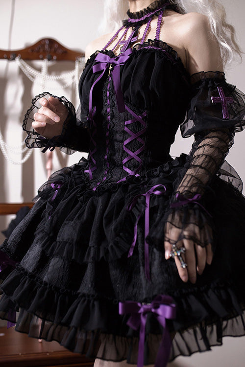 Black Purple Tube Top Sleeveless Blowknot Ruffled Gothic Lolita Tiered Dress - Product - 8