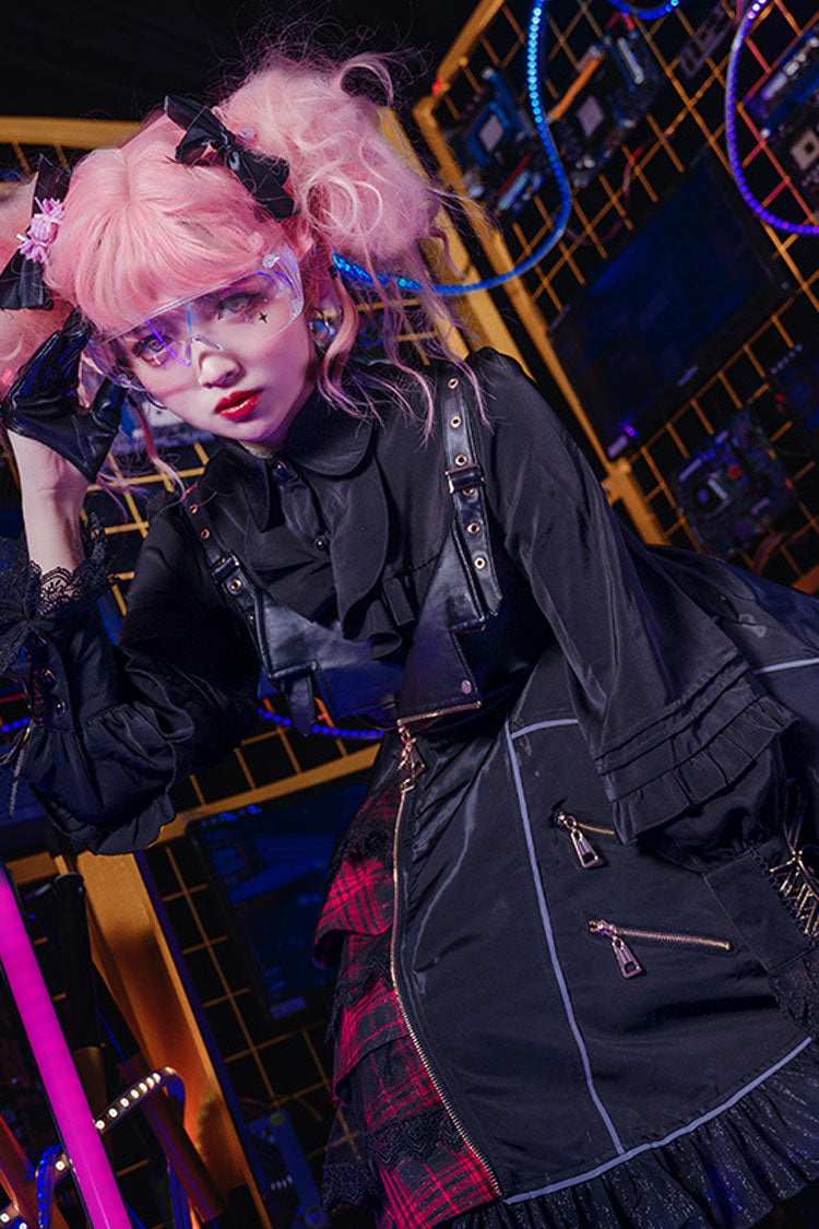 Black Stitching Zipper Cardigan Ruffled Multi-Layer Gothic Lolita Jsk Dress (Will shine at night) - Product - 2