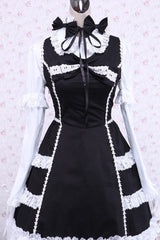 Black/White Cotton Long Sleeves Lace Trim Bowknot Gothic Lolita Dress - Black/White - 1