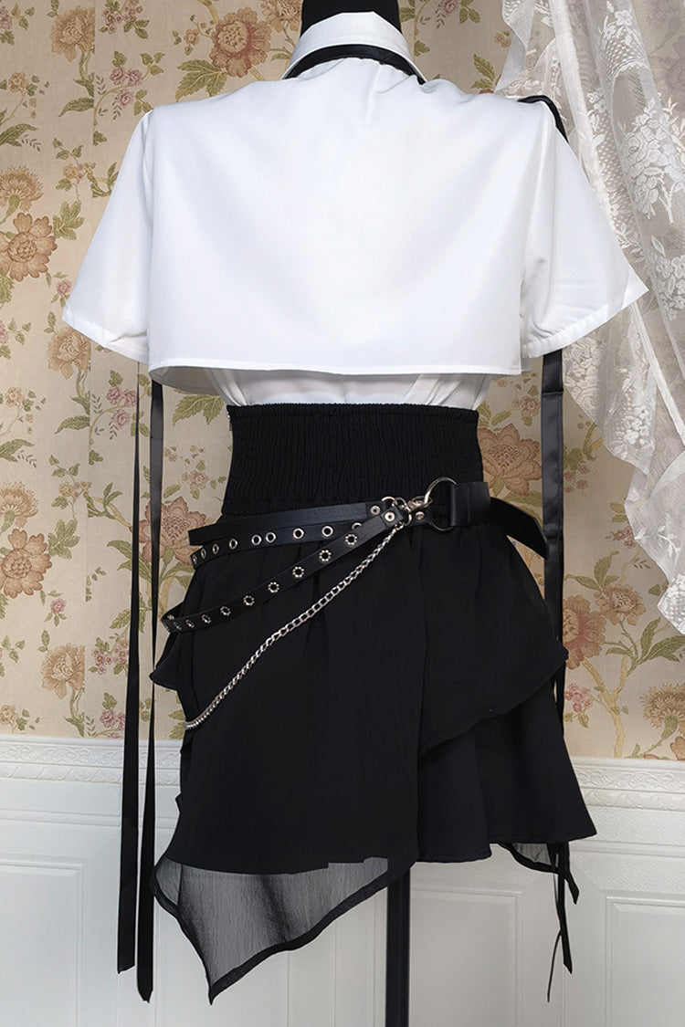 Black/White Short Sleeves Ruffle Asymmetric Gothic Jirai Kei Skirt Blouse Set - Product - 2