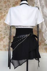Black/White Short Sleeves Ruffle Asymmetric Gothic Jirai Kei Skirt Blouse Set - Product - 2