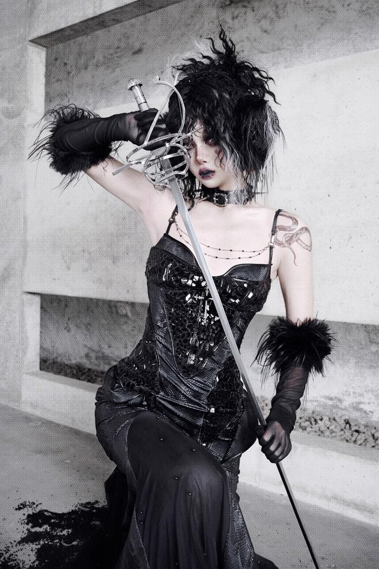 Black [Snake Eye Shadow] Sleeveless Print Stitching Slim Gothic Lolita Jsk Dress - Product - 4
