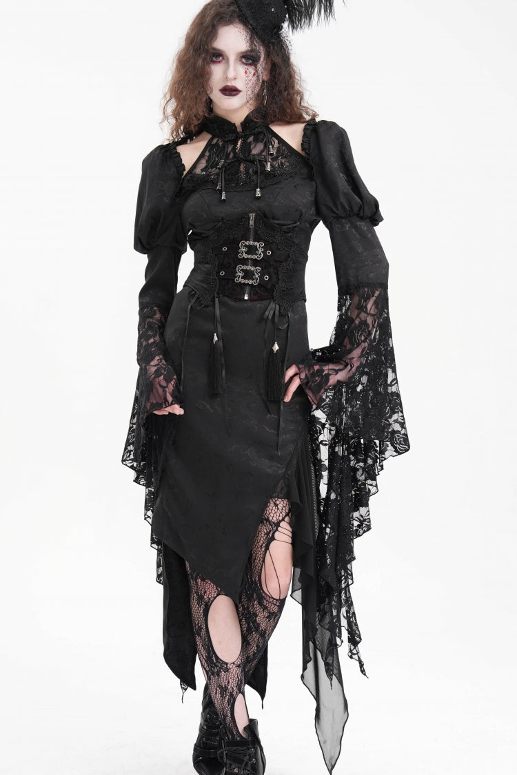 Black Embroidered Lace Lace-Up Slim Fit Zippered Women's Gothic Tassels Luxurious Royal Underbust Corset - Product - 8