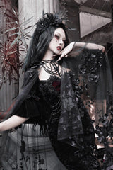 Black [Castle of Dark Romance] Square Collar Short Sleeves Multi-Layered Ruffled Embroidered Open-Front Lace Gothic Lolita Mermaid Dress - Product - 10