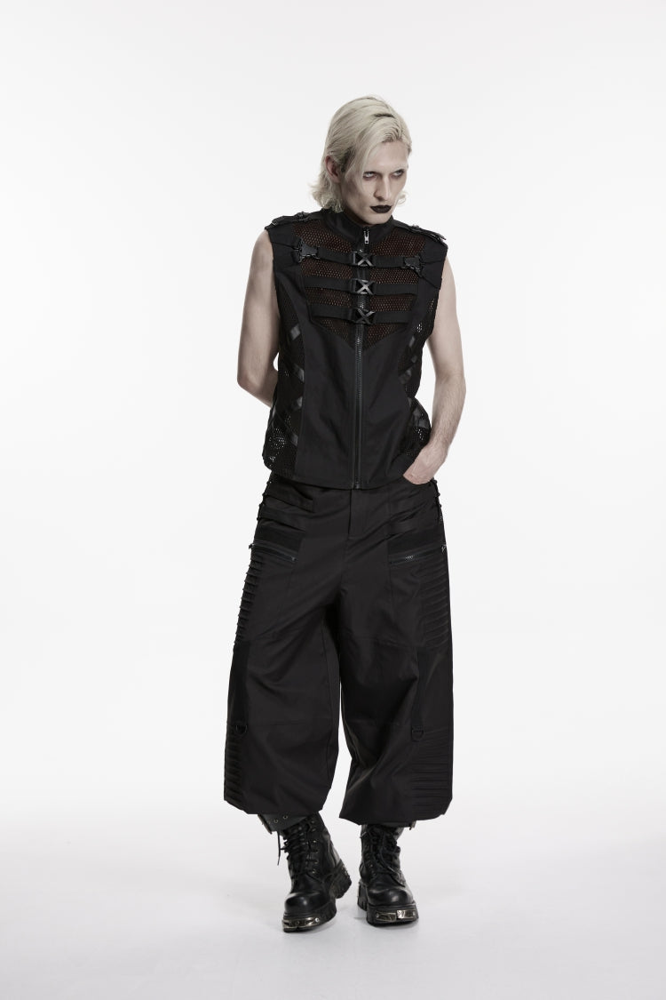 Black Stand Collar Sleeveless Cut-Out Spliced Mesh Buckled Eyelet Men's Punk Handsome Vest - Product - 4