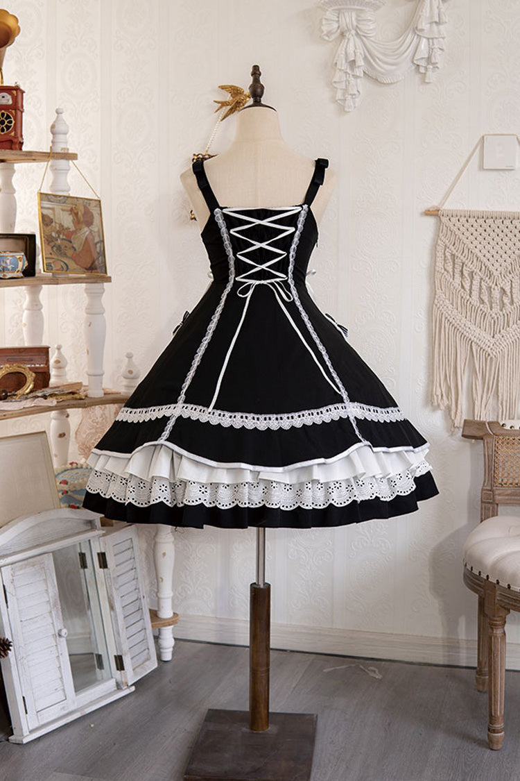 White/Black Cat Print Ruffle Bowknot Maid Sweet Lolita Dress - Product - 7