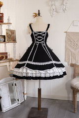 White/Black Cat Print Ruffle Bowknot Maid Sweet Lolita Dress - Product - 7