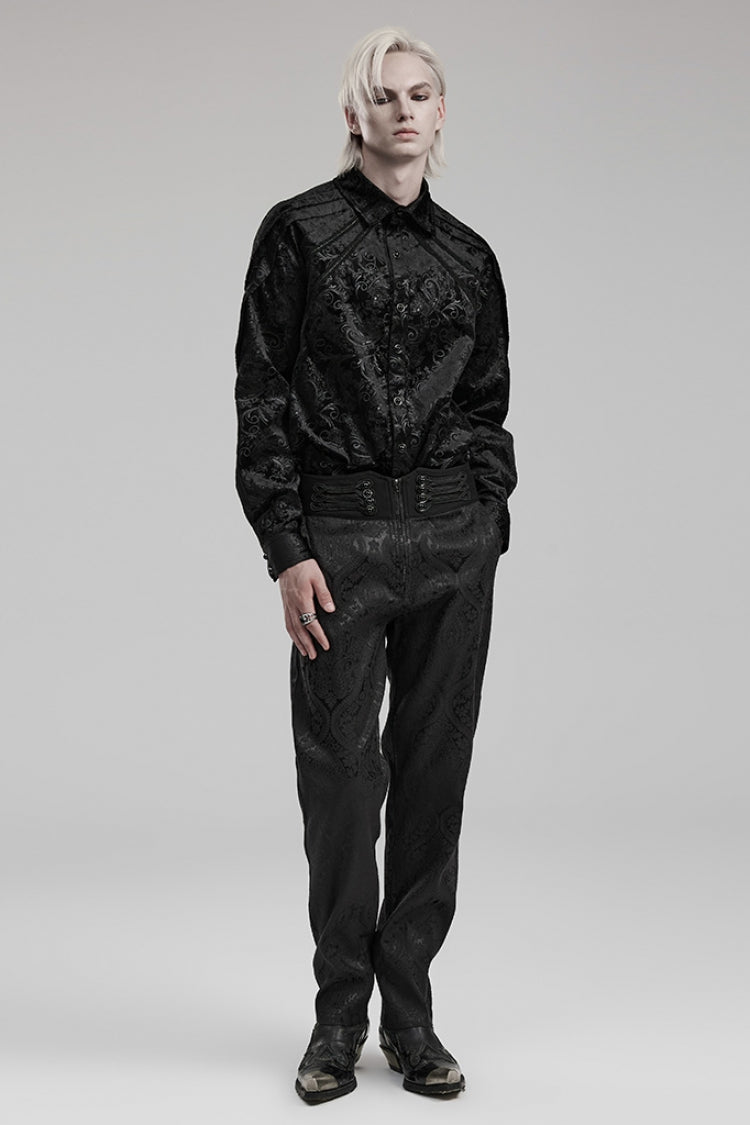 Black Jacquard Floral Print Decal Decoration Men's Gothic Pants - Product - 4