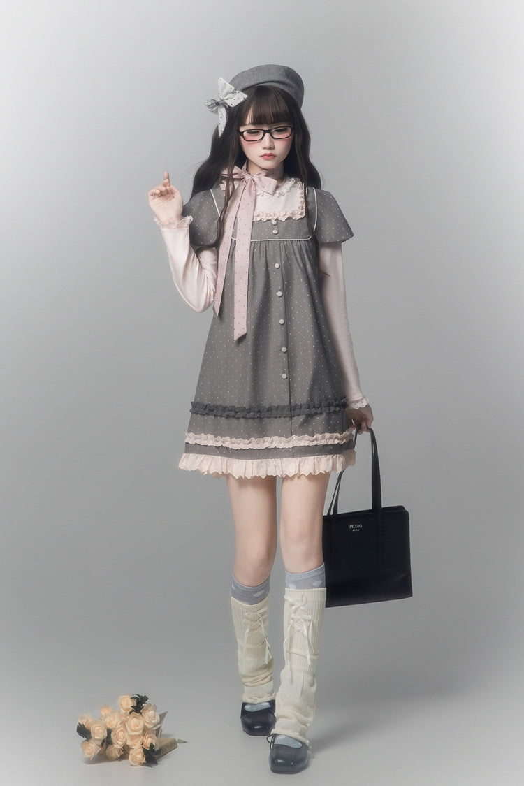 Grey [Polka Dot Bouclé] Round Collar Long Sleeves Printed Ruffled Faux Two-Piece Sweet Japanese Lolita Dress - Product - 3