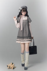 Grey [Polka Dot Bouclé] Round Collar Long Sleeves Printed Ruffled Faux Two-Piece Sweet Japanese Lolita Dress - Product - 3