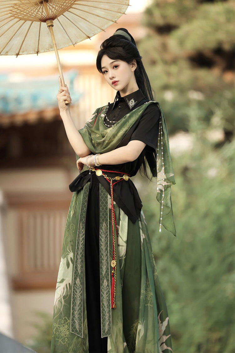 Black/Green Lapel Collar Short Sleeves Embroidered Sweet Chinese Inspired Wuxia Style Ouji Hanfu Pants Set - Product - 2