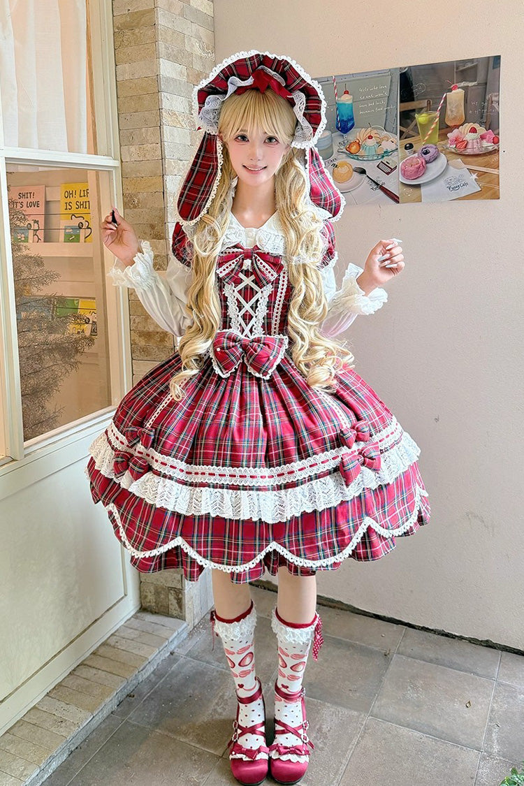 Red [Gingham Petal Bunny] Short Sleeves Printed Ruffled Bow Sweet Lolita OP Dress - Product - 2