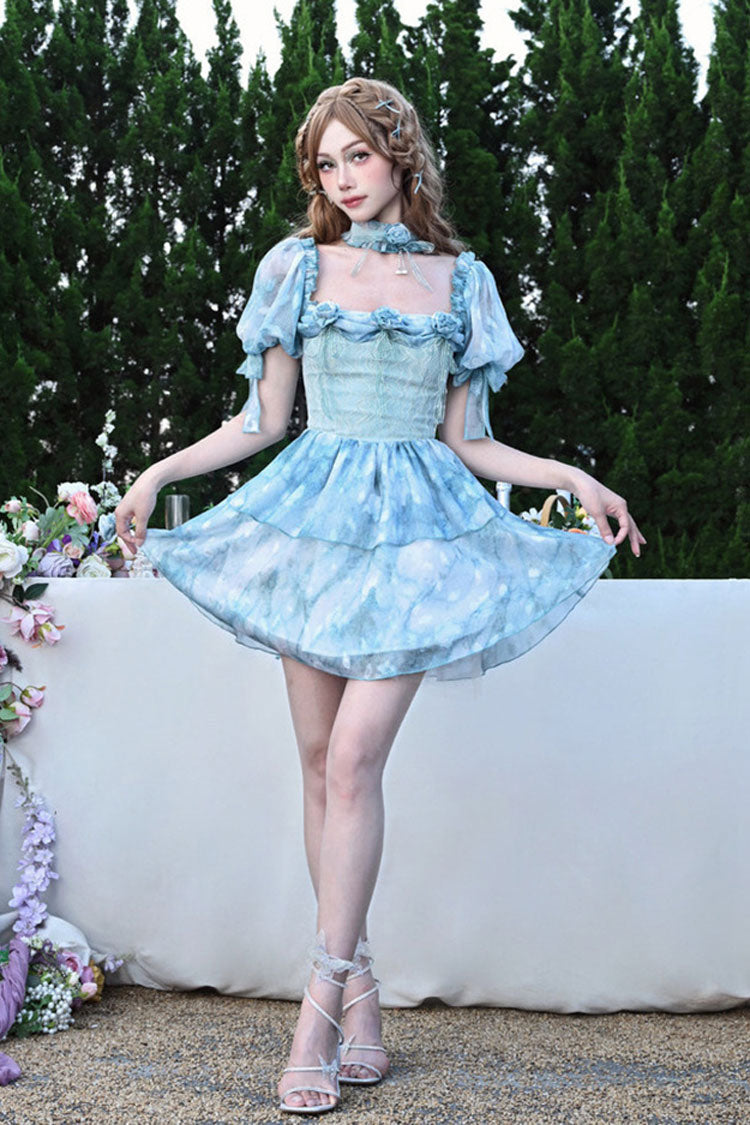 Blue Square Collar Short Puff Sleeves Multi-Layered Print Ruffle Bowknot Tie-dyed Sweet Princess (Dress Only) detail view 8