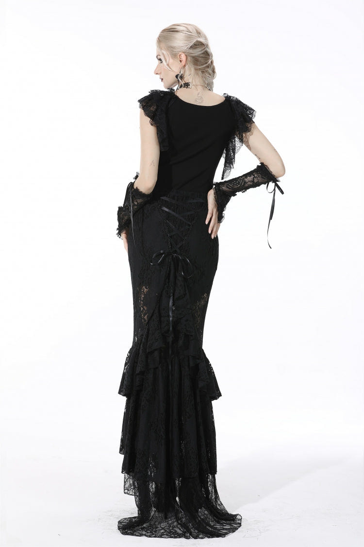 Black Women's Gothic Multi-Layered Lace Lace-Up Mermaid Maxi Skirt - Product - 4