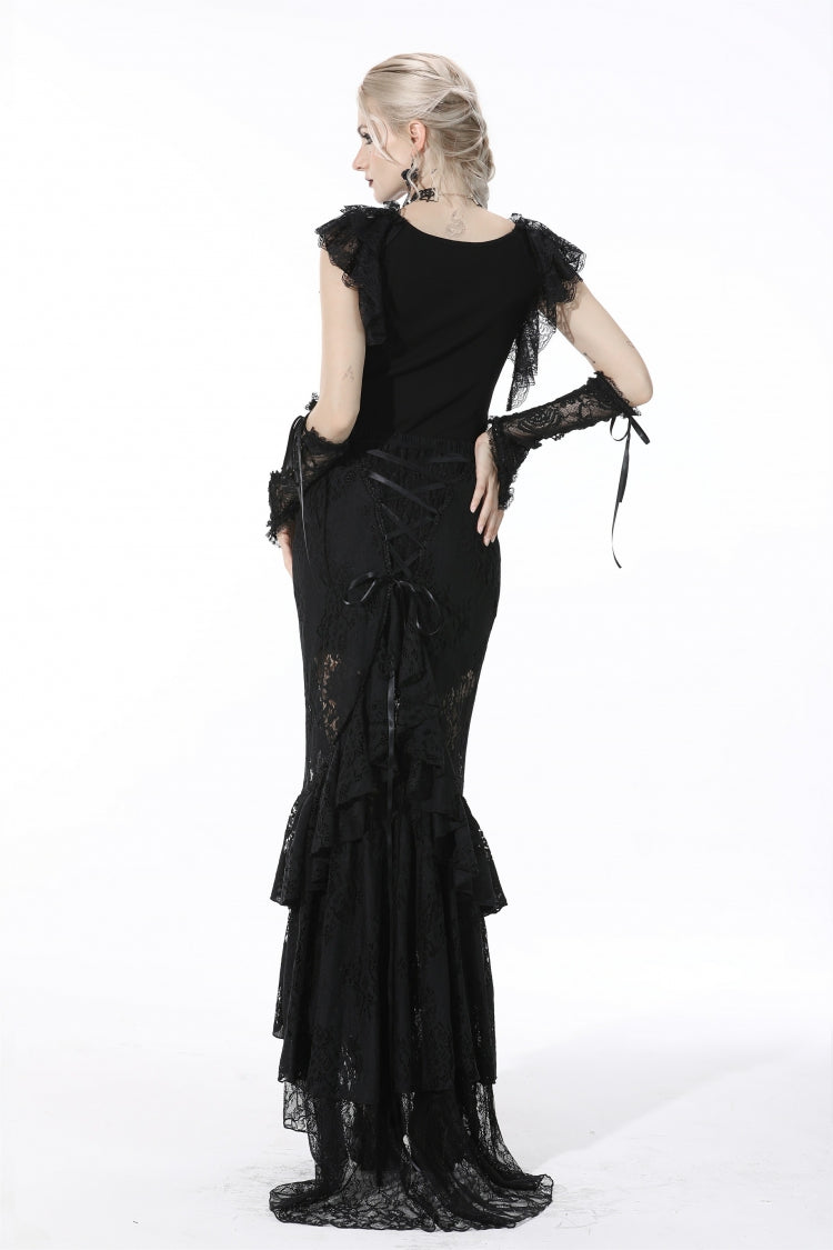 Black Women's Gothic Multi-Layered Lace Lace-Up Mermaid Maxi Skirt - Product - 4