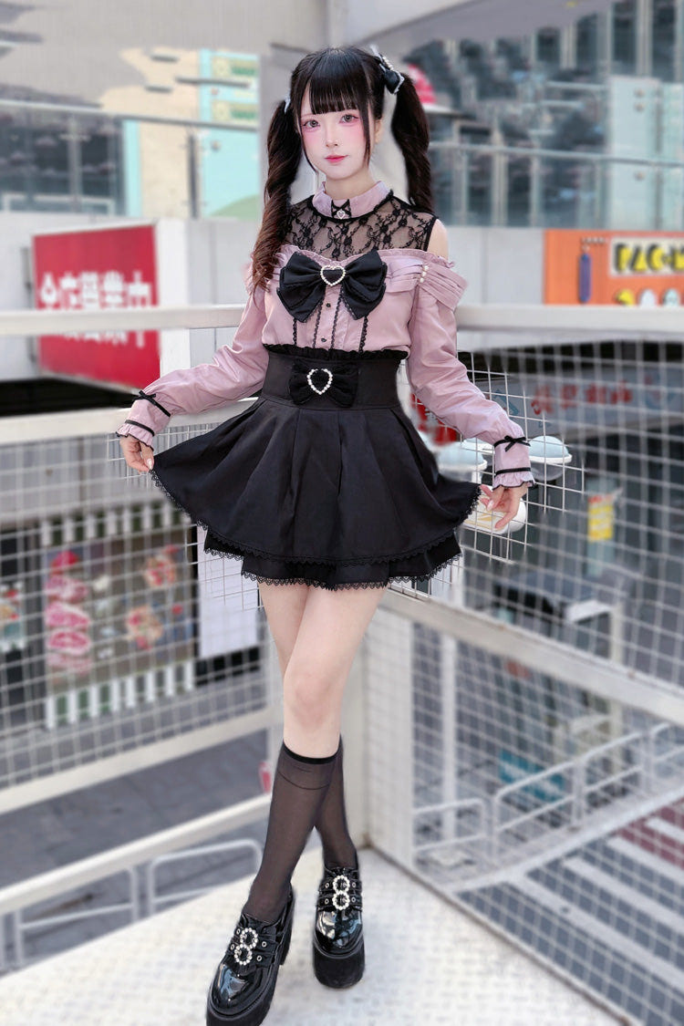 [Frosted Pearl Princess] Round Collar Off Shoulder Long Sleeves Bow Lace Sweet Jirai Kei Japanese Skirt Set 2 Colors - Product - 5