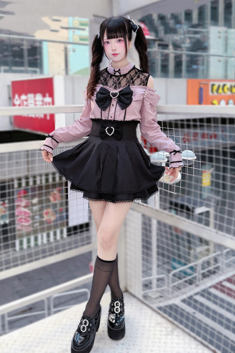 [Frosted Pearl Princess] Round Collar Off Shoulder Long Sleeves Bow Lace Sweet Jirai Kei Japanese Skirt Set 2 Colors - Product - 5
