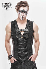 Black V-Neck Sleeveless Ripped Buckle Straps Men's Gothic Vest - Black - 1
