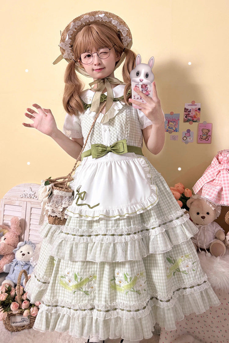 Green Doll Collar Short Sleeves Plaid Print Ruffle Hollow Embroidery Bowknot Sweet Elegant Lolita Dress - Product - 11