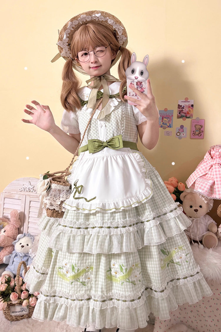 Green Doll Collar Short Sleeves Plaid Print Ruffle Hollow Embroidery Bowknot Sweet Elegant Lolita Dress - Product - 11