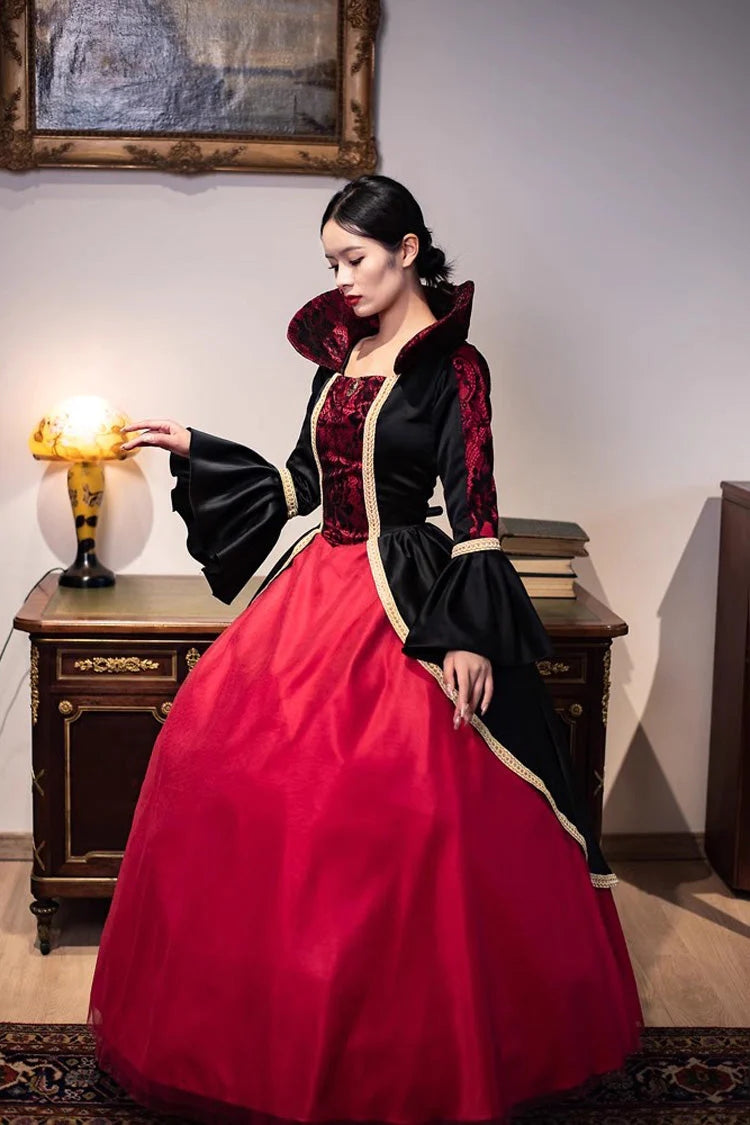Wine Red Print Medieval Court Gothic Victorian Lolita Dress - Product - 3