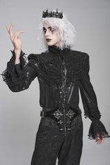 Black Stand Collar Long Puff Sleeves Embroidery Stitching Lace Men's Gothic Blouse - Product - 3