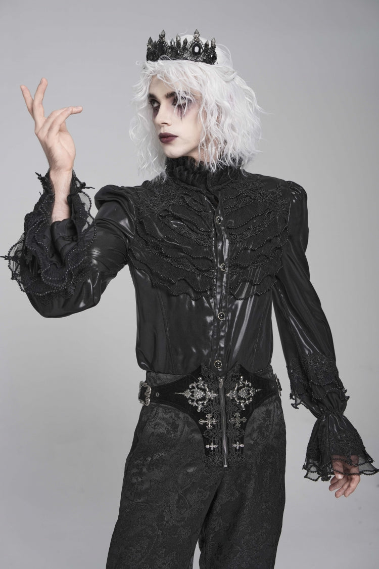 Black Stand Collar Long Puff Sleeves Embroidery Stitching Lace Men's Gothic Blouse - Product - 3
