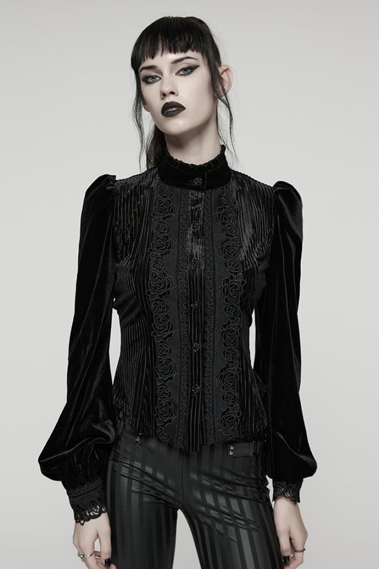 Black Stand Collar Long Puff Sleeves Floral Embroidered Lace-Up Women's Gothic Blouse - Black - 1