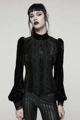 Black Stand Collar Long Puff Sleeves Floral Embroidered Lace-Up Women's Gothic Blouse - Black - 1