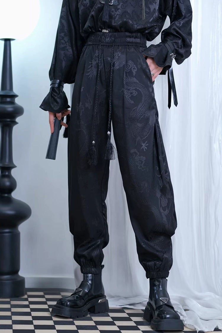 Black Dragon-Pattern Jacquard Printed Ouji Gothic Chinese Style Handsome Lolita Tassel Pants - Product - 5