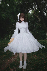 White [Requiem] Stand Collar Long Sleeves Ruffle Lace Gothic Lolita Dress - Product - 2