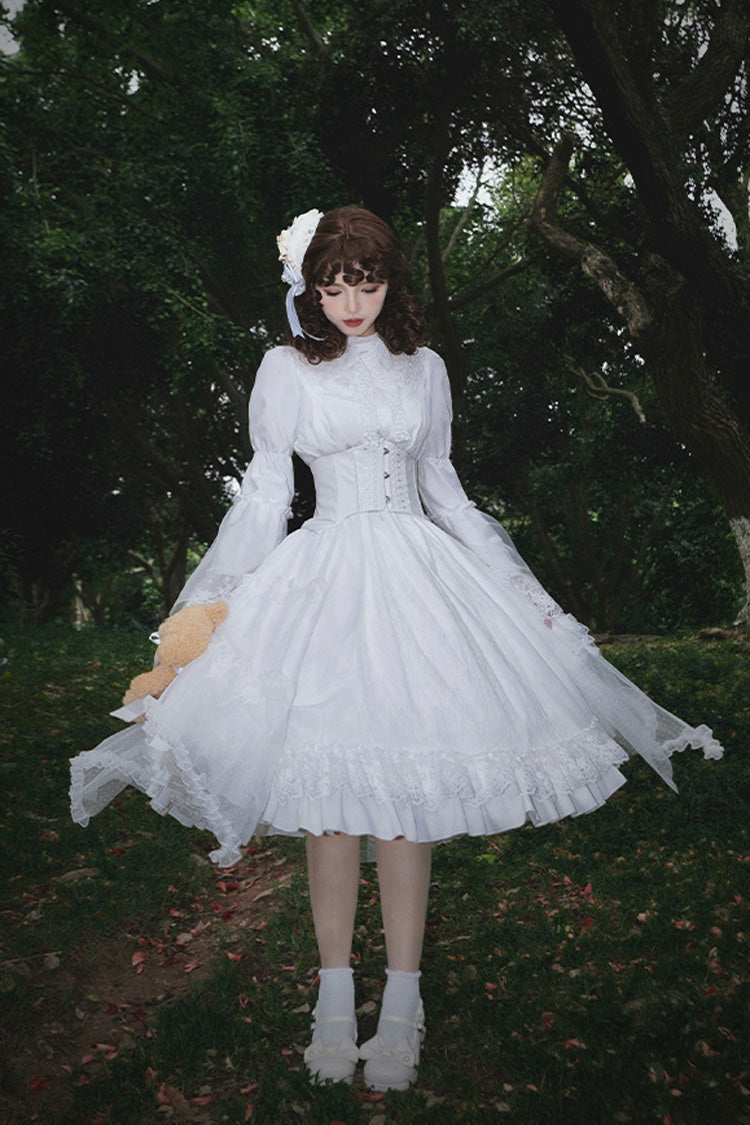 White [Requiem] Stand Collar Long Sleeves Ruffle Lace Gothic Lolita Dress - Product - 2