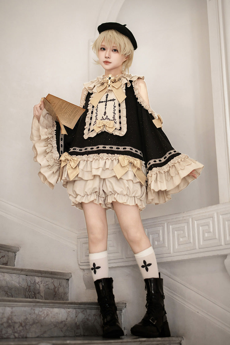 Black/Gold [Saint Child of the Cross] Round Collar Off Shoulder Long Trumpet Sleeves Ruffled Bow Gothic College Style Ouji Lolita Set - Product - 7