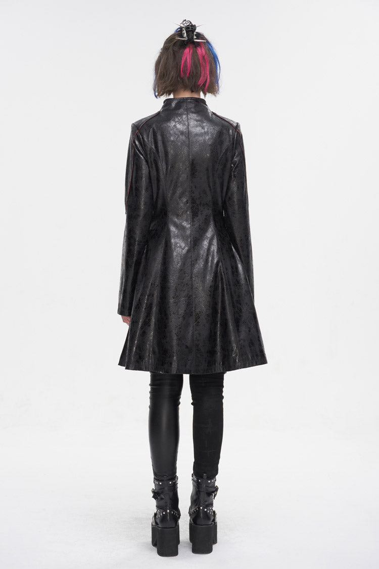 Black Double Buckle Faux Leather Long Women's Punk Coat - Product - 7