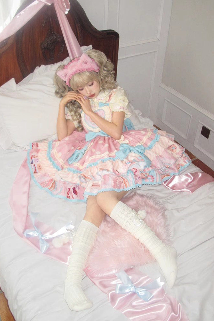 Pink Multi-layer Frosted Sugar Sweetheart Print Bowknot Sweet Lolita Jsk Dress - Product - 4