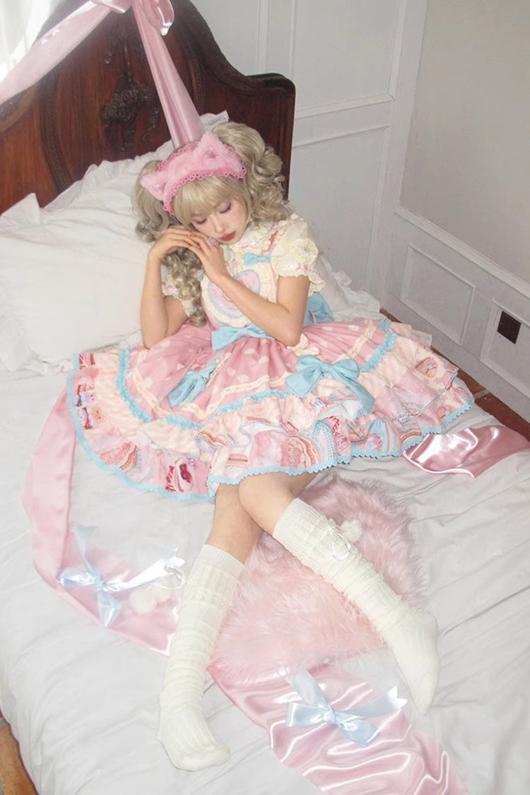 Pink Multi-layer Frosted Sugar Sweetheart Print Bowknot Sweet Lolita Jsk Dress - Product - 4